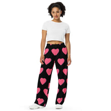 Load image into Gallery viewer, Pink Hearts All-over print unisex wide-leg pants
