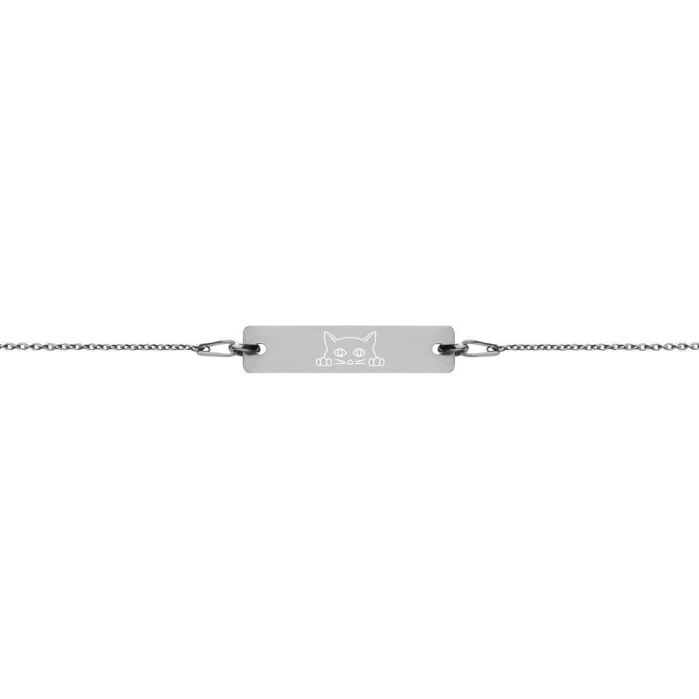 Kitty Engraved Silver Bar Chain Bracelet