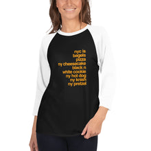 Load image into Gallery viewer, Women&#39;s NY Iconic foods 3/4 sleeve raglan shirt
